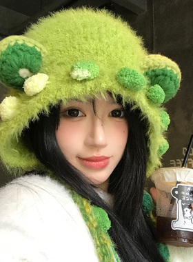 可爱搞怪绿色小熊耳朵辫子针织帽