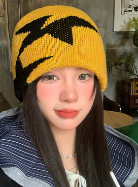 黄色几何提花针织冷帽女秋冬季