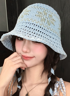 日系复古提花镂空蓝色渔夫帽女春
