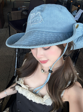 可爱卡通kitty猫水洗牛仔渔夫帽