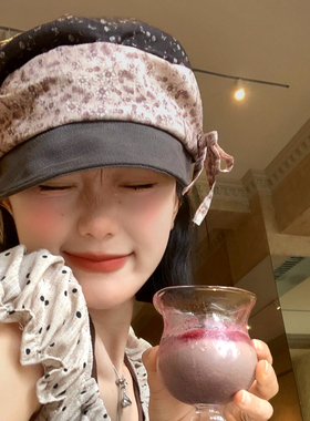 撞色小碎花蝴蝶结马术帽复古文艺