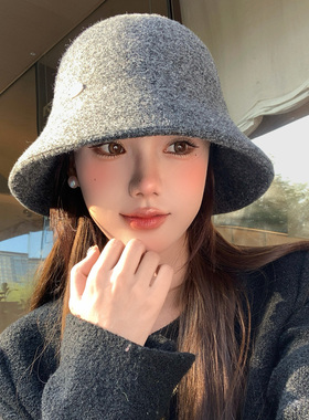 高级感灰色毛呢渔夫帽子女秋冬季