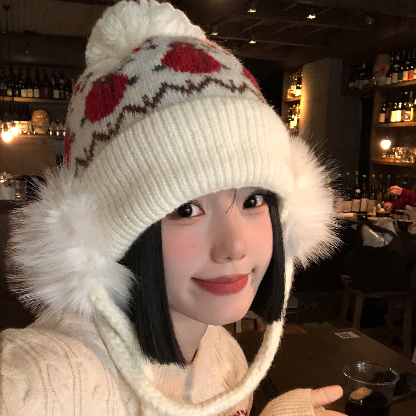 费尔岛提花可爱小雪人针织帽女冬季氛围感显脸小保暖护耳毛线帽子,淘宝优惠券,粉丝福利购,淘宝优惠卷