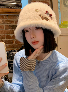 可爱小狗贴布白色毛绒渔夫帽女