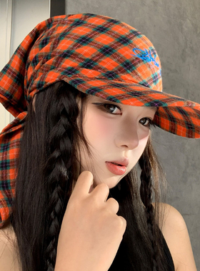 红色格子纹绑带头巾鸭舌帽女夏季