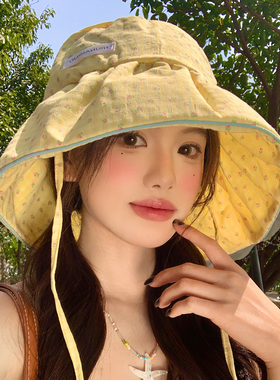 夏季甜美碎花黄色渔夫帽大檐户外
