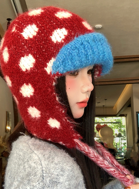 红色复古撞色波点针织毛线帽女冬