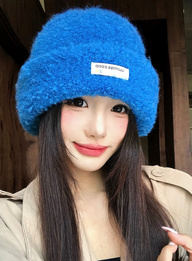 蓝色软糯圈圈绒针织帽女秋冬季