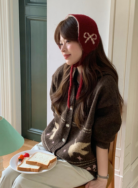 双面红色蝴蝶结绑带针织耳罩女秋