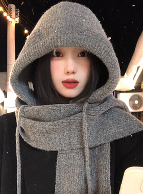 灰色毛线帽子围巾一体女冬季加厚
