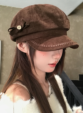 日系复古麂皮绒蝴蝶结贝雷帽女秋