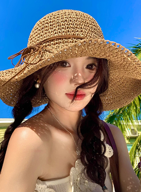 蝴蝶结镂空编织草帽女夏季沙滩海