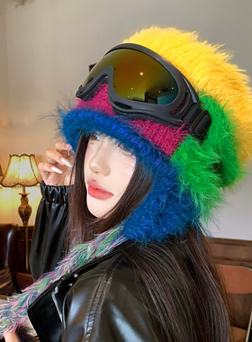 彩色毛绒流苏护目镜针织护耳帽女