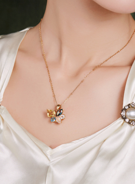 薾曼用天然彩宝做的花银镀金项链