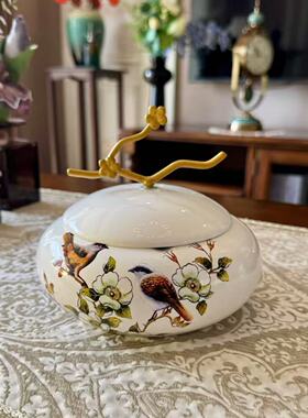 复古花卉鸟类图案陶瓷烟灰缸装饰摆件家居客厅茶几工艺品