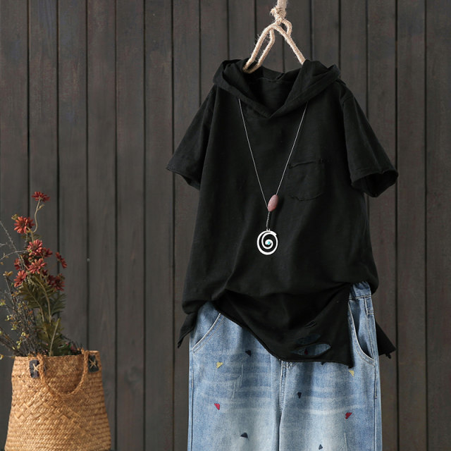 New Spring and Summer Hooded Literary Bamboo Cotton