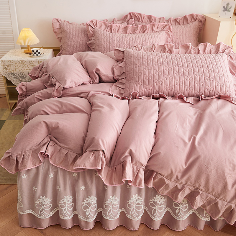 床上四件套全棉夹棉床裙款100纯棉高级感花边被套公主风1.8四季用