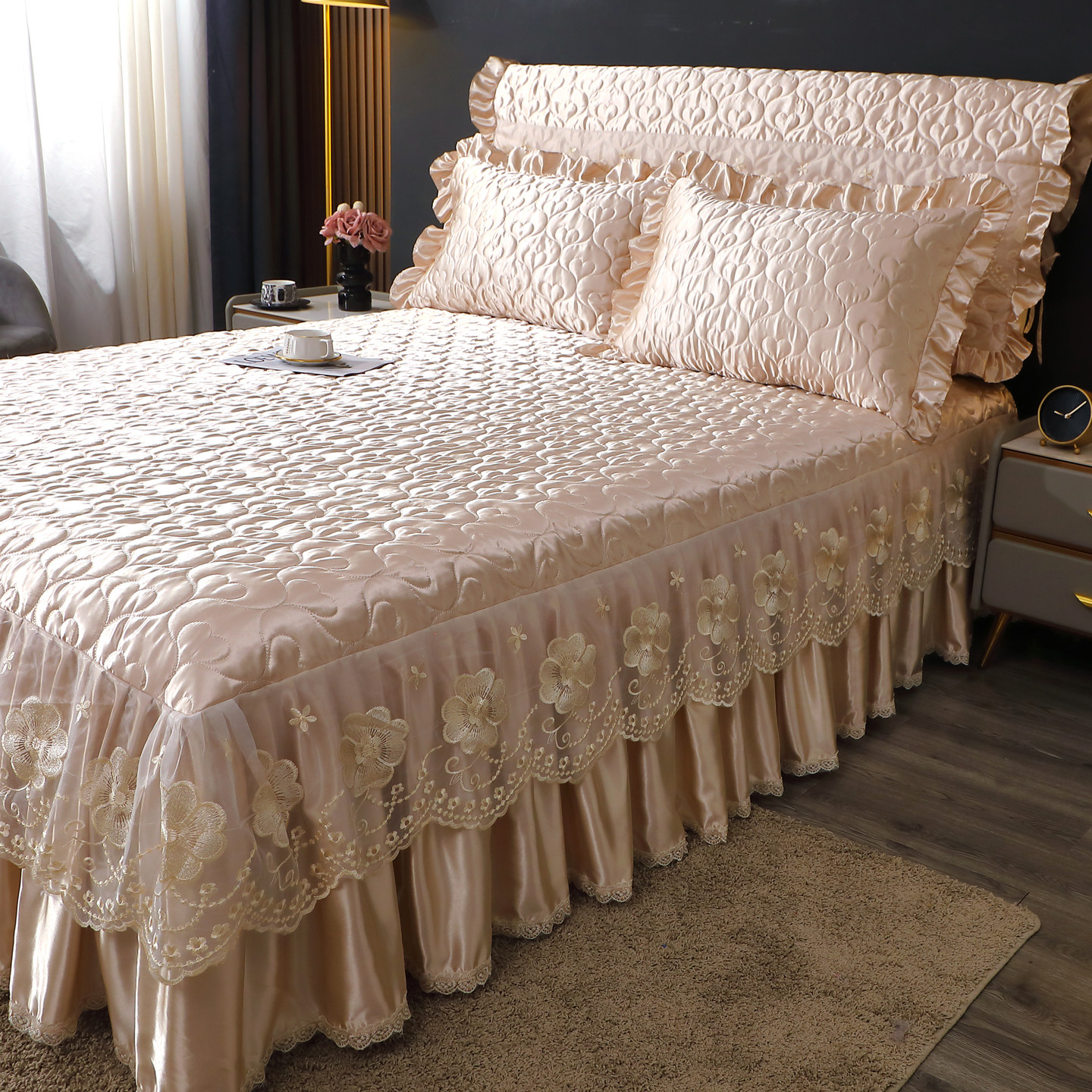 欧式高端仿真丝夹棉床裙式床罩单件公主风蕾丝花边床盖床单保护套,淘宝优惠券,粉丝福利购,淘宝优惠卷