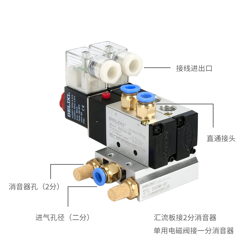 德力西电磁阀4v210-08气动电磁控制阀24v线圈220v气阀开关电子阀 - 图2