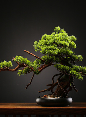 新中式仿真迎客松盆景绿植摆件办公室客厅玄关酒店盆栽软装装饰品