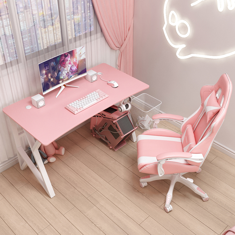 粉色电竞桌椅套装主播直播桌子女生卧室家用电脑桌简易ins风书桌-图0