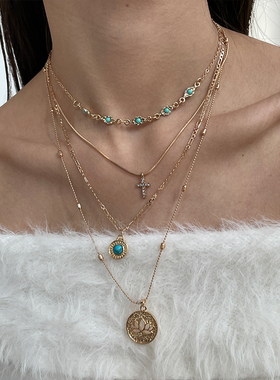 波西米亚风多层十字架项链