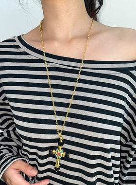 中古绿松石闪钻十字架毛衣链