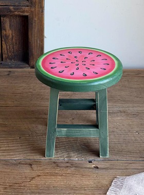 日手工手绘园艺摆件装饰木制凳子复古做旧花盆架花托凳子小花架凳