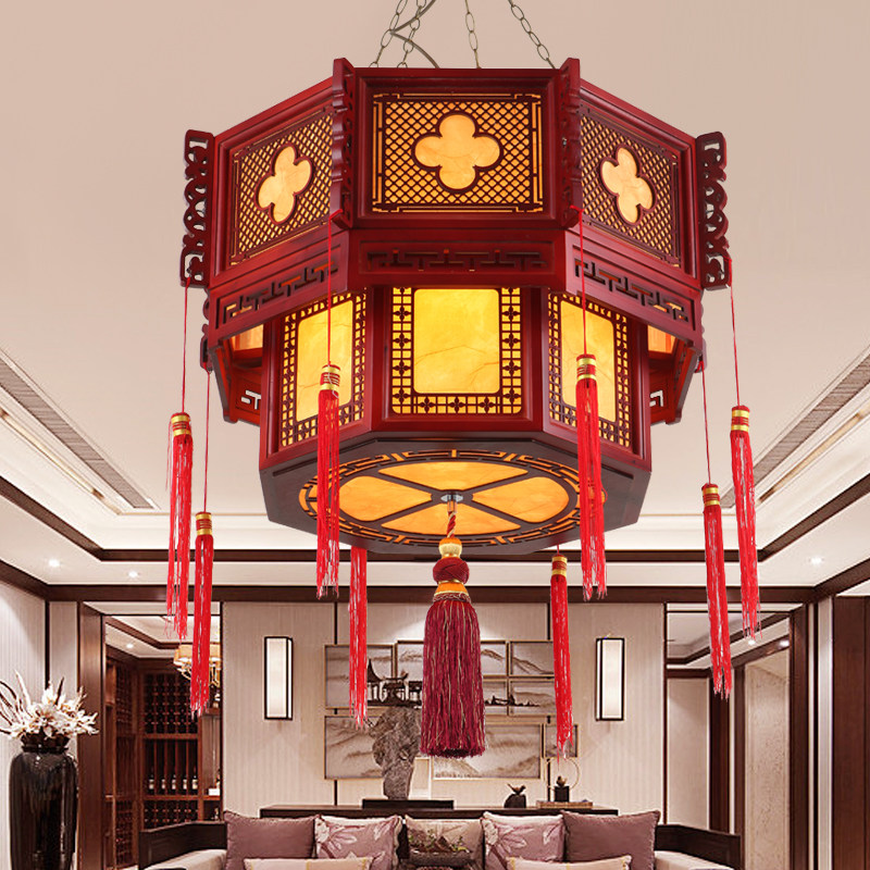 中式宴会厅吊灯中国风仿古羊皮实木宫灯大厅酒店寺庙长廊亭子灯笼_虎窝淘