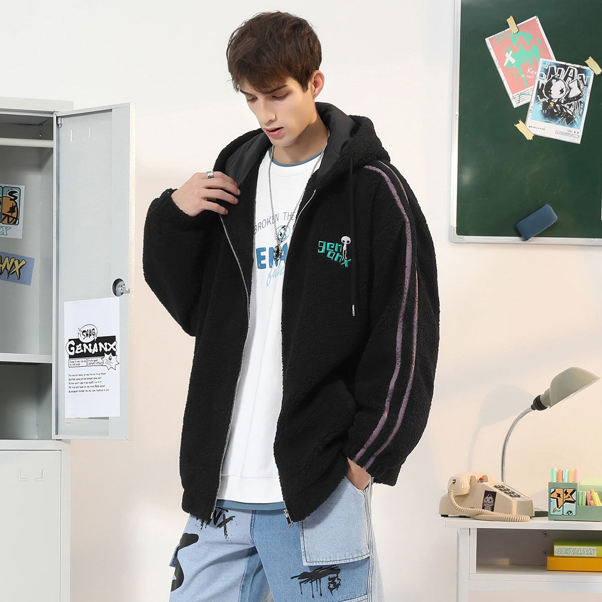 GENANX闪电潮牌羊羔绒夹克宽松新款拼色绣花情侣同款连帽外套男,淘宝优惠券,粉丝福利购,淘宝优惠卷