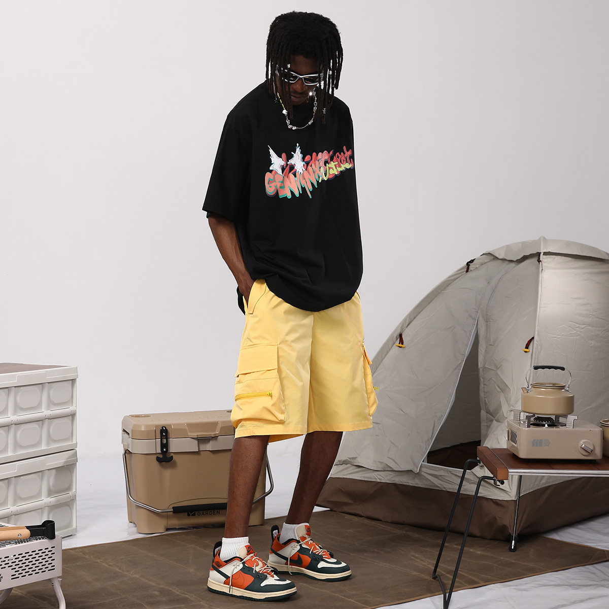 GENANX闪电潮牌夏新款美潮山系多口袋弹力绳卡扣裤腰宽松五分短裤,淘宝优惠券,粉丝福利购,淘宝优惠卷