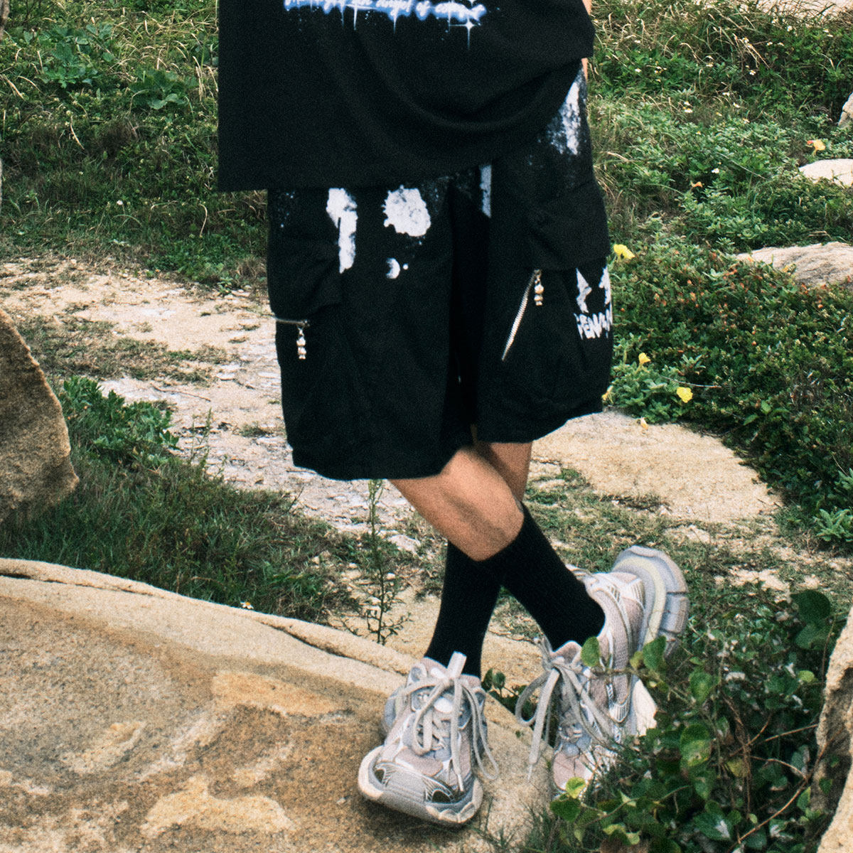 GENANX闪电潮牌夏季新款流漆效果水洗多口袋金属拉链宽松五分短裤,淘宝优惠券,粉丝福利购,淘宝优惠卷