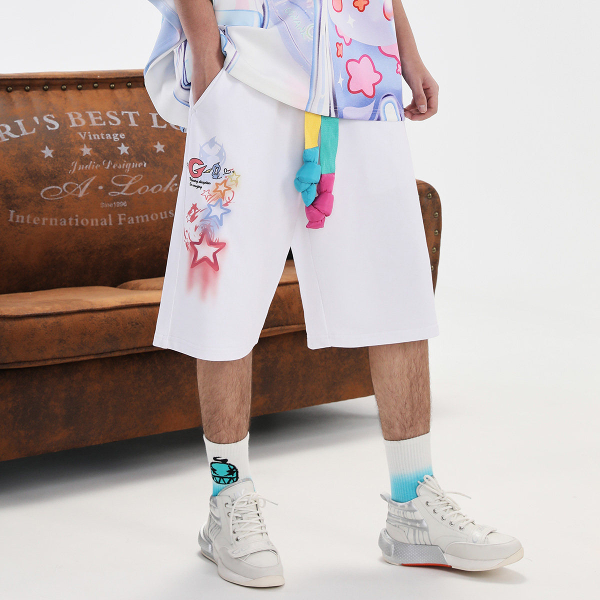 GENANX闪电潮牌2025夏季新款五分裤宽松趣味设计抽绳松紧带男短裤,淘宝优惠券,粉丝福利购,淘宝优惠卷