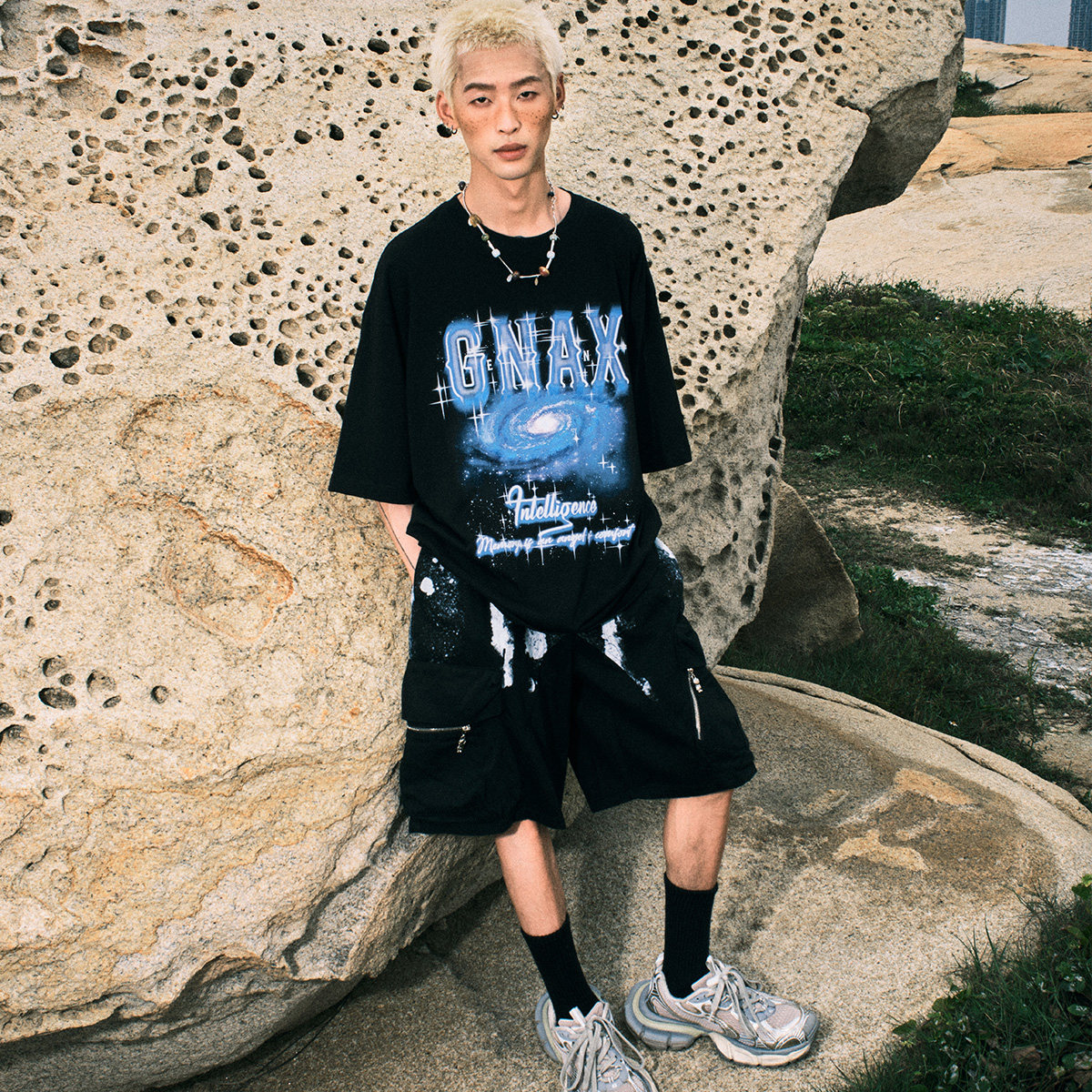 GENANX闪电潮牌夏季新款流漆效果水洗多口袋金属拉链宽松五分短裤,淘宝优惠券,粉丝福利购,淘宝优惠卷