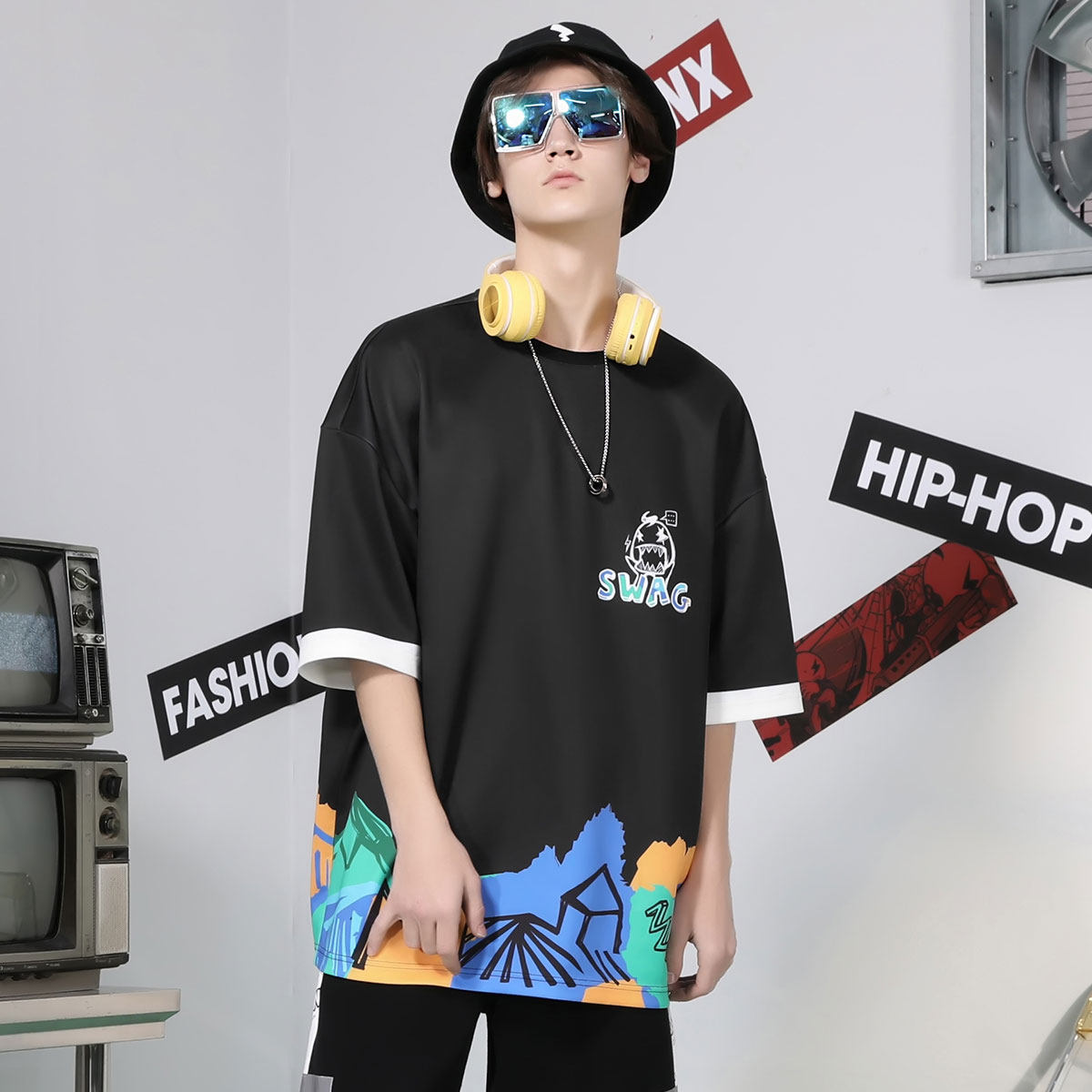 genanx太空棉情侣短袖拼接男打底衫 genanxT恤