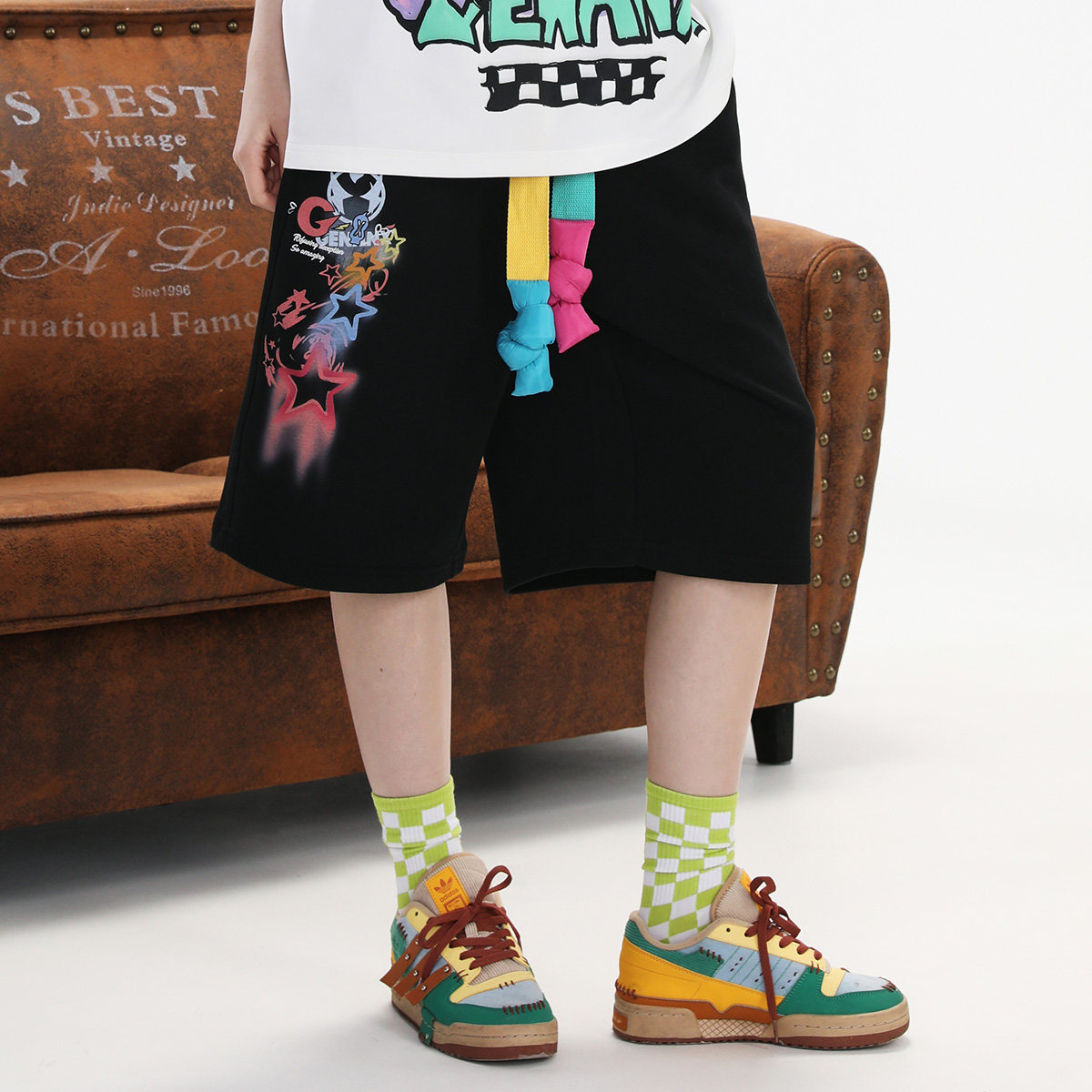 GENANX闪电潮牌2025夏季新款五分裤宽松趣味设计抽绳松紧带男短裤,淘宝优惠券,粉丝福利购,淘宝优惠卷