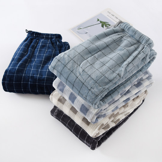 Trousers flannel men coral velvet plaid home pants