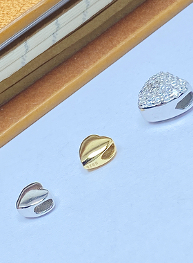 S925银满钻桃心黄金色爱心形吊坠diy手工串珠手链项链挂件材料