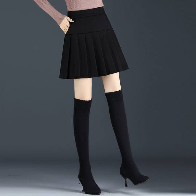 Pleated skirt with pockets, spring and autumn new elastic elastic waist skirt, covering the span and drape, versatile A-line skirt with high waist