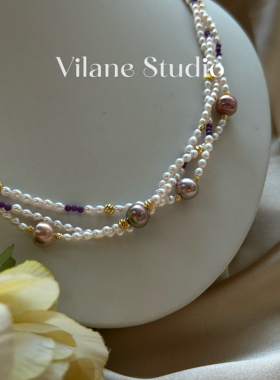 淡水编织三层随意紫珠粉色少女可爱小米珠项链多层大小珠45cm