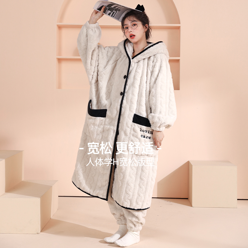 诺盾旗舰店珊瑚绒睡袍女秋冬加厚加绒法兰绒睡衣女年新款冬天家居服套装1