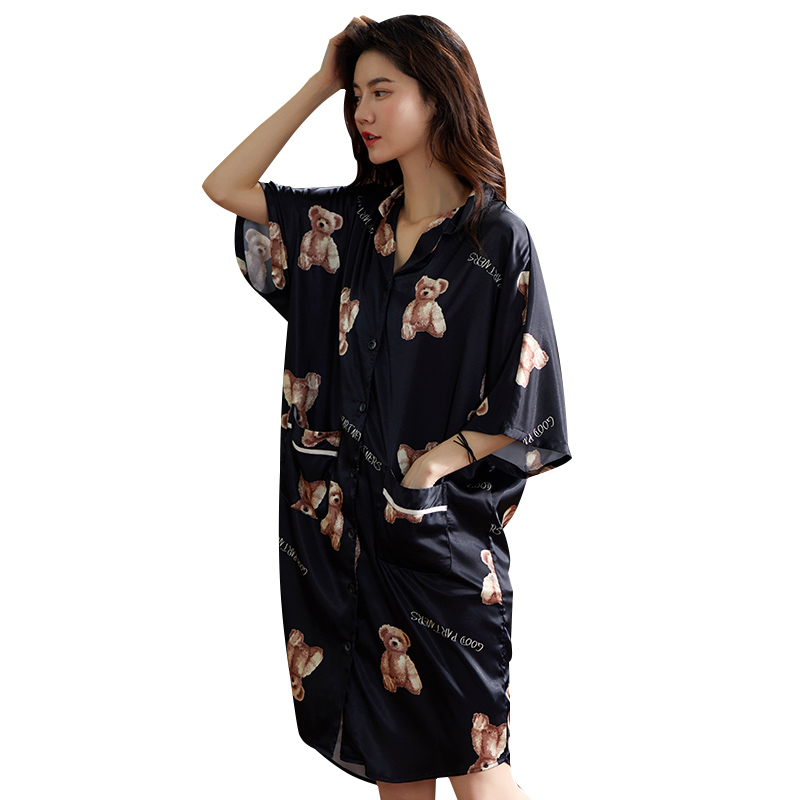 诺盾旗舰店新款冰丝睡裙女夏季薄款性感女士睡衣仿真丝绸短袖大码家居服3