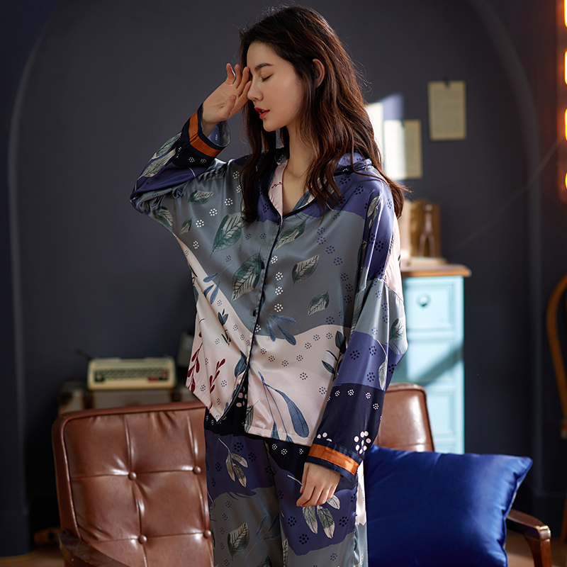 诺盾旗舰店诺盾睡衣女夏季冰丝薄款春秋长袖仿真丝绸休闲大码家居服两件套装2