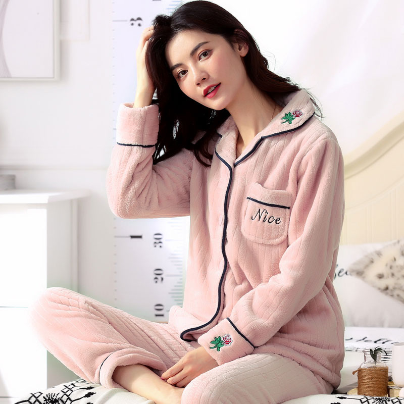 诺盾旗舰店秋冬季珊瑚绒睡衣女冬加厚加绒家居服冬款长袖法兰绒保暖春秋套装1