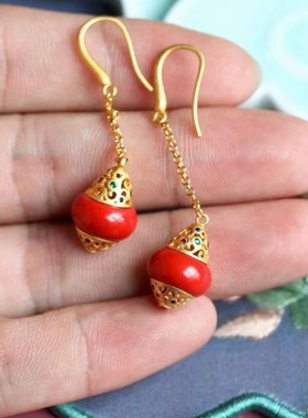 一生安朱砂宫灯耳环善念耳坠s925纯银镶嵌灵丹真朱砂保真高含量