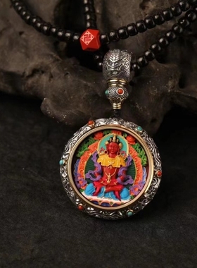 灵丹真朱砂一生安朱砂唐卡吊坠手工彩绘唐卡吊坠通体纯银镶嵌椰蒂