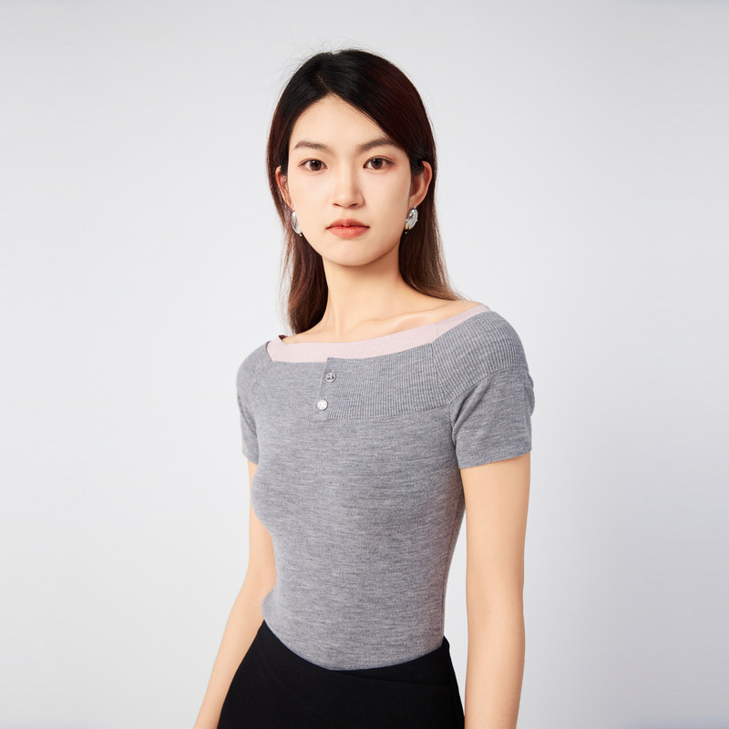 【商场同款】HPLY荷比俪秋季新款女一字肩两穿短袖修身毛衫,淘宝优惠券,粉丝福利购,淘宝优惠卷