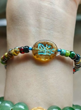 4mm进口琉璃手链 捷克琉璃描蓝复古猫猫手牌弹力绳手链