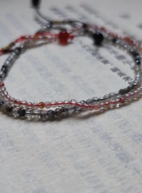 超细2mm天然红胶花黑发晶水晶情侣手链 纯手工编抽绳款可调节手链