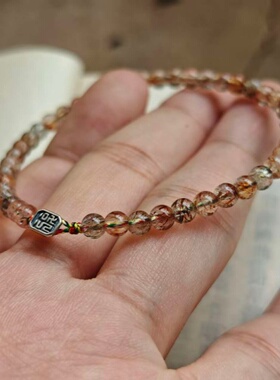 3.8mm天然彩发晶手链 S925纯银福字银扣子 手工编绳手链